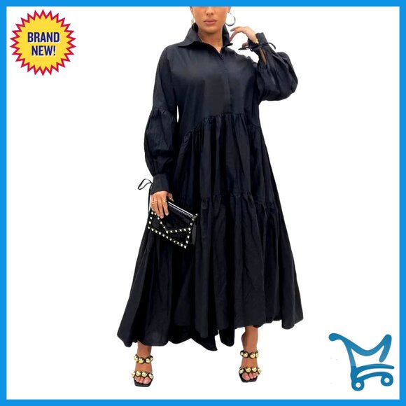 Long Sleeve Maxi Shirt Dress Elegant Button Down Loose Swing Party Wear